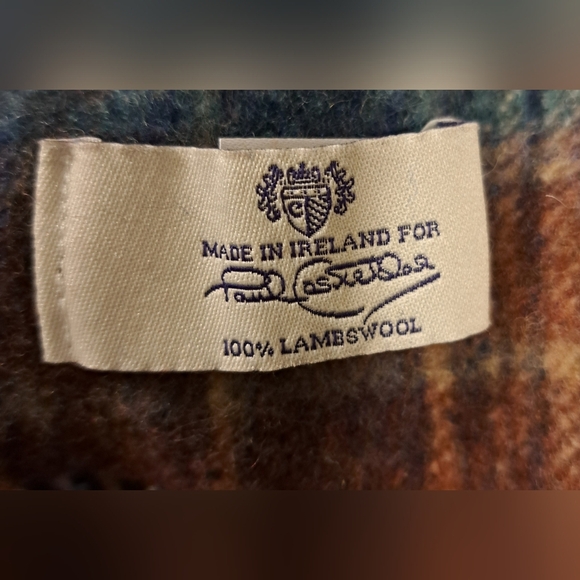 Vintage 80s Paul Costelloe Blue & Red Plaid Wool Casual Unisex Scarf w/ Fringe - Picture 7 of 7